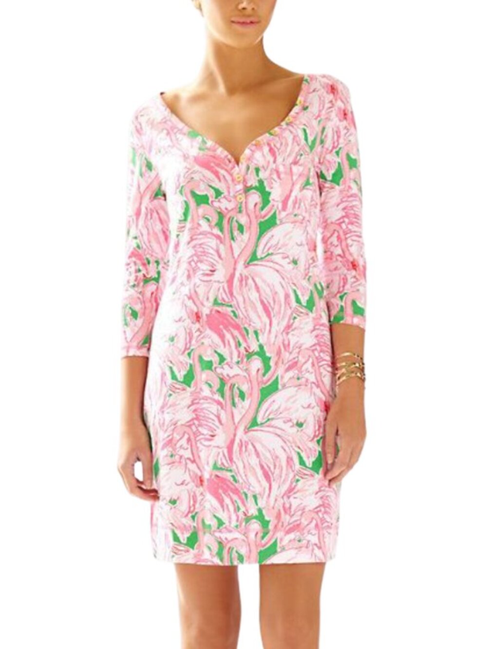 Lilly Pulitzer Flamingo Print Pima Cotton Dress Small Pink Green Resort Style